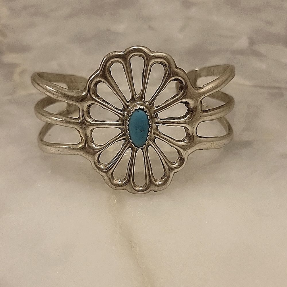 60s Navajo Native American Tufa SandCast Turquoise Star Silver Cuff Bracelet